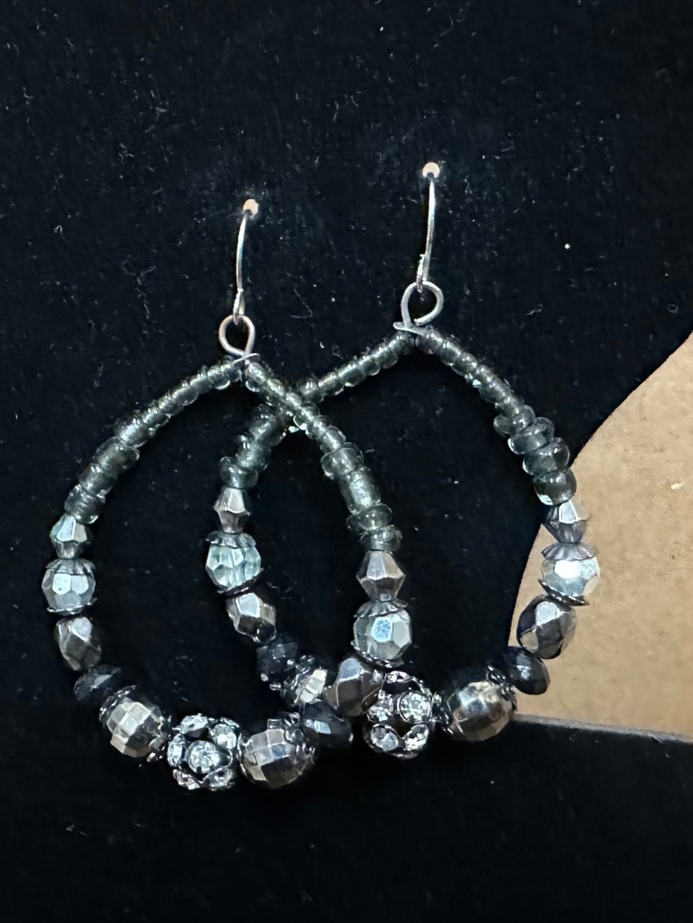 White House Black Market Beaded Hoop Earrings | Grey & Silvertone w/ Crystal